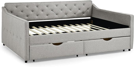 Queen Size Upholstered Tufted Daybed with Two Pull Out Drawers Bed, Button Polyester on Back, Waved Shape Arms for Bedroom, Living Room,No Need Boxing Spring - LeafyLoom