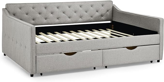 Queen Size Upholstered Tufted Daybed with Two Pull Out Drawers Bed, Button Polyester on Back, Waved Shape Arms for Bedroom, Living Room,No Need Boxing Spring - LeafyLoom