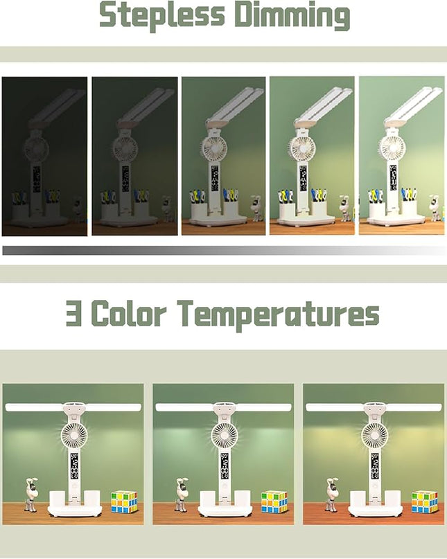 Desk lamp, LED Desk Lamps with Fans, USB Charging Port, Adjustable Foldable Table Lamp with Clock, Date, Fan, Pen Holder, Temperature, Step-less dimming Lighting, Home Office Desk Lamp - LeafyLoom