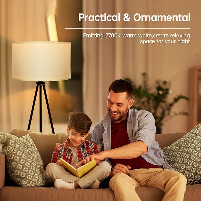 BoostArea Floor Lamp for Living Room, Tripod Floor Lamp, 15W LED Bulb, 3 Levels Dimmable Brightness, White Linen Lamp Shade, Mid Century Standing Lamp for Living Room, Bedroom, Study Room and Office - LeafyLoom
