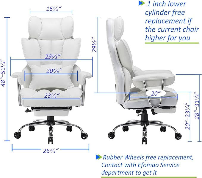 Desk Office Chair 400LBS, Big and Tall Office Chair, PU Leather Computer Chair, Executive Office Chair with Leg Rest and Lumbar Support, White Office Chair - LeafyLoom