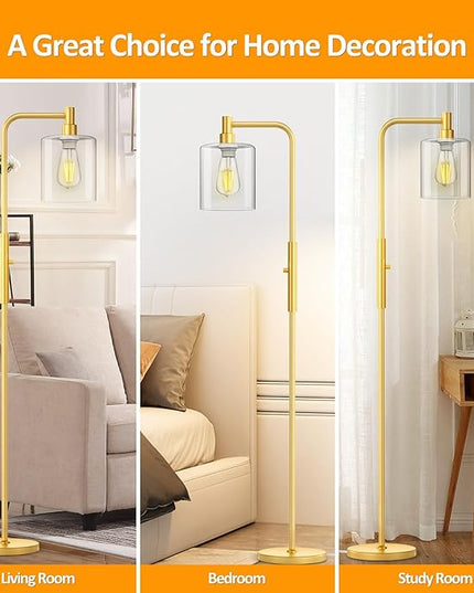 Stepless Dimmable Floor Lamps with Glass Lampshade Modern Standing Lamps with 6W LED Bulb Bright Corner Lamp Tall Pole Lamps for Living Room Bedroom Office Study Room Farmhouse, Gold - LeafyLoom