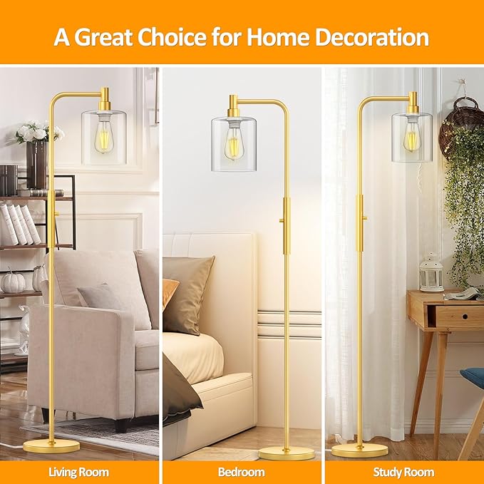 Stepless Dimmable Floor Lamps with Glass Lampshade Modern Standing Lamps with 6W LED Bulb Bright Corner Lamp Tall Pole Lamps for Living Room Bedroom Office Study Room Farmhouse, Gold - LeafyLoom