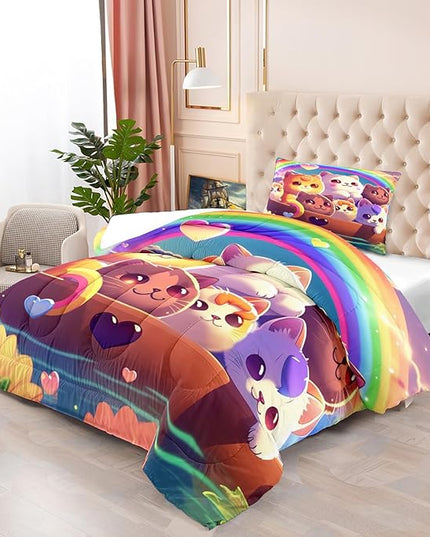 Cat Comforter Set, Cute Cat Bedding Set, Twin Size Comforter Set for Girls Cat Comforter Cartoon Cat Rainbow Printed Bedding Sets for Kids Girls Kawaii Cat Bedding Sets, 1 Comforter+1 Pillowcase - LeafyLoom