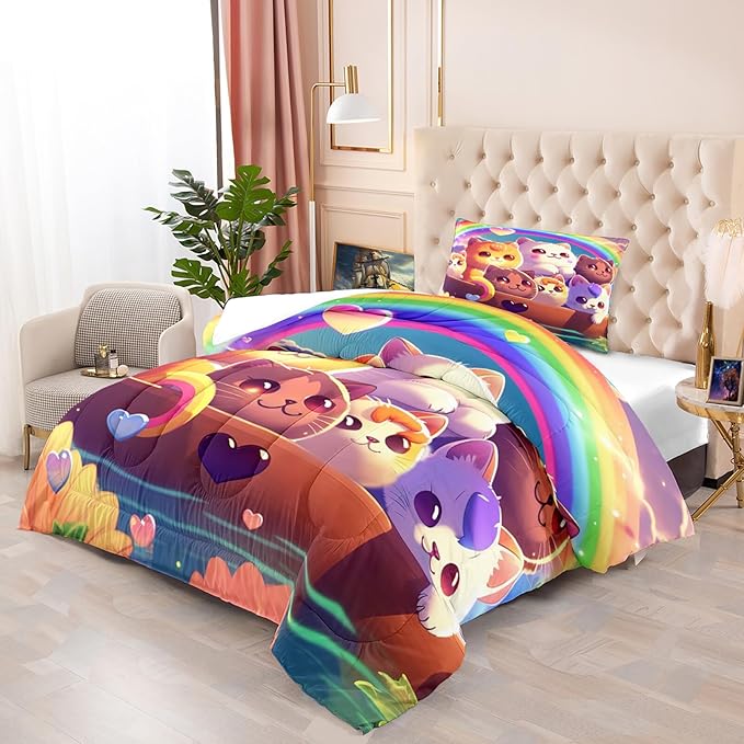 Cat Comforter Set, Cute Cat Bedding Set, Twin Size Comforter Set for Girls Cat Comforter Cartoon Cat Rainbow Printed Bedding Sets for Kids Girls Kawaii Cat Bedding Sets, 1 Comforter+1 Pillowcase - LeafyLoom