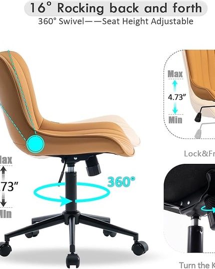 YOUNIKE Armless Office Chair with Wheels Swivel Desk Chair Upholstered Leather Computer Task Chair Height Adjustable Modern Rolling Chair with Backrest Tan - LeafyLoom