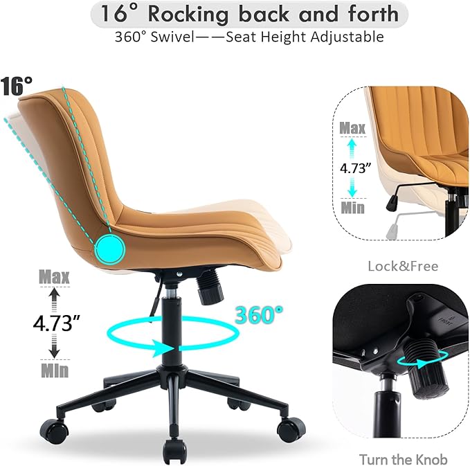 YOUNIKE Armless Office Chair with Wheels Swivel Desk Chair Upholstered Leather Computer Task Chair Height Adjustable Modern Rolling Chair with Backrest Tan - LeafyLoom
