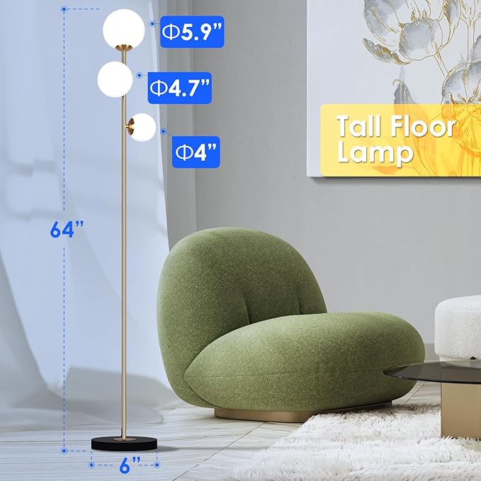 3 Globe Vintage Floor Lamp - 3 Color Options Moderm Floor Lamps for Living Room, Mid Century Standing lamp Home Decor for Bedrooms Office(Gold-Black, LED Bulbs Included) - LeafyLoom