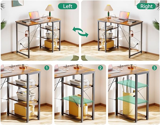 AODK Laptop Desk Small Desk, 32 Inch Computer Desk with Power Outlet and USB & Type-C Charging Port, Writing Desk with 3-Tier Reversible Storage Shelf for Home Office, 32'' x 16'', Rustic Brown - LeafyLoom