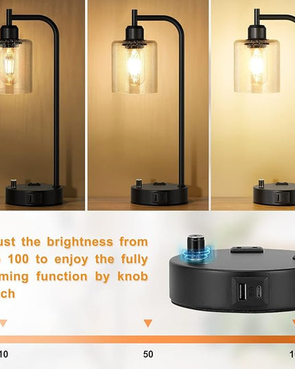 Industrial Table Lamps for Bedrooms Set of 2 - Fully Dimmable Bedside Lamps with USB A and C Ports and Outlet, Black Nightstand Lamps with Glass Shade for Living Room, Desk Lamps for Office Reading - LeafyLoom