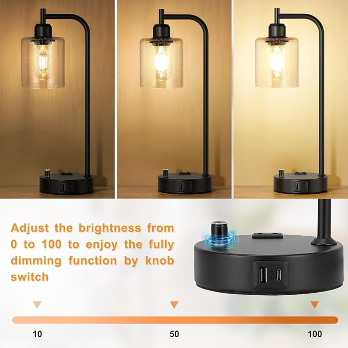 Industrial Table Lamps for Bedrooms Set of 2 - Fully Dimmable Bedside Lamps with USB A and C Ports and Outlet, Black Nightstand Lamps with Glass Shade for Living Room, Desk Lamps for Office Reading - LeafyLoom