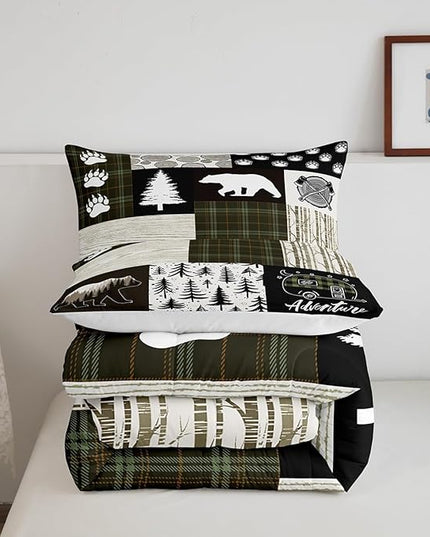 Bear Comforter Set Full Size,Pine Trees Animals Hunting Bedding Set for Kids Boys Girls Adults Room Decor,Camping Adventure Rustic Farmhouse Down Comforter,Green Plaids Duvet Insert,2 Pillowcases - LeafyLoom