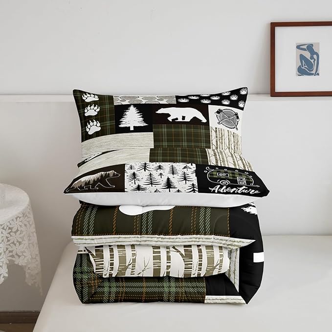 Bear Comforter Set Full Size,Pine Trees Animals Hunting Bedding Set for Kids Boys Girls Adults Room Decor,Camping Adventure Rustic Farmhouse Down Comforter,Green Plaids Duvet Insert,2 Pillowcases - LeafyLoom