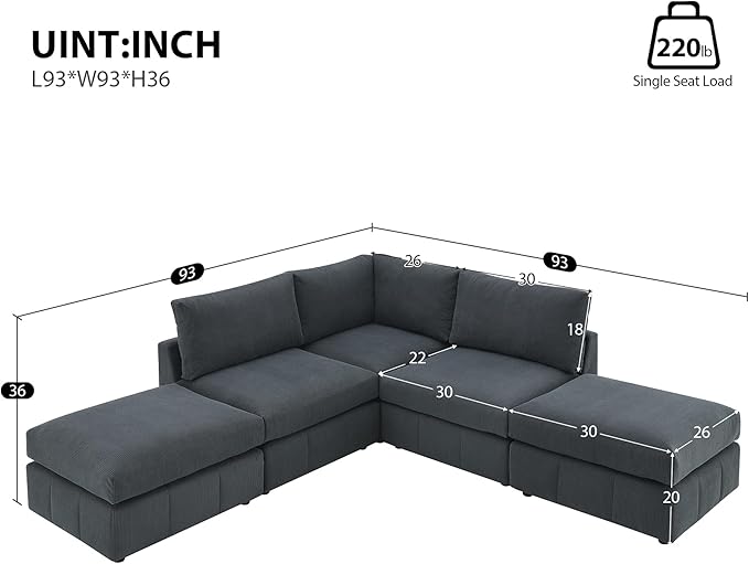 93" Sectional Couch with Convertible Ottomans, 5-Seat Armless Modular Sofa with Vertical Stripes, Freely Combinable Couch Sectionals for Living Room, Apartment - LeafyLoom