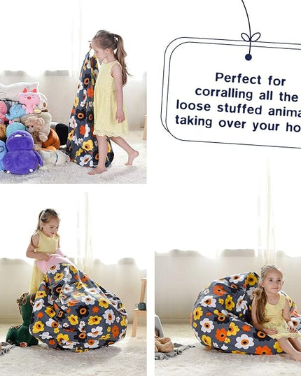 YuppieLife Kids Storage Bean Bag Cover（No Filling）Toy Organizer|Carrying Handle Sofa|Available for Kids and Teenager|Cuddle Chair|Machine Washable and Durable（27“,Grey Flora） - LeafyLoom