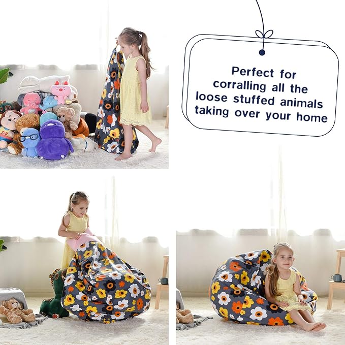 YuppieLife Kids Storage Bean Bag Cover（No Filling）Toy Organizer|Carrying Handle Sofa|Available for Kids and Teenager|Cuddle Chair|Machine Washable and Durable（38“,Grey Flora） - LeafyLoom