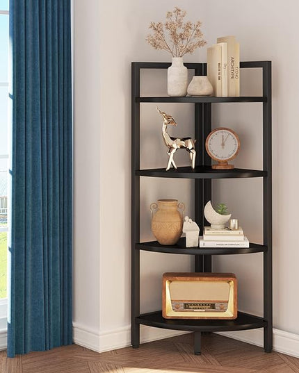 SAYGOER Corner Bookshelf 4 Tier Stand Corner Ladder Shelf Modern Storage Organizer Bookcase Industrial Display Rack Shelves for Small Space, Living Room,Home Kitchen,Office, Black - LeafyLoom