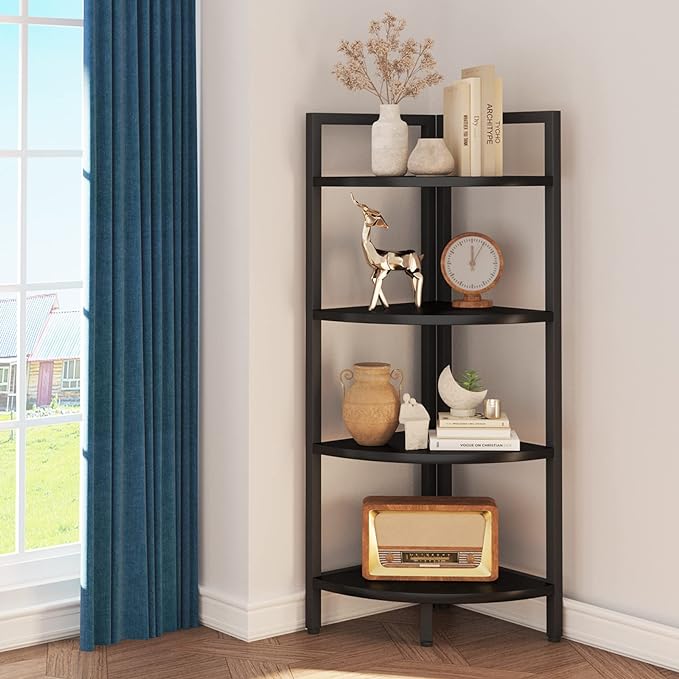 SAYGOER Corner Bookshelf 4 Tier Stand Corner Ladder Shelf Modern Storage Organizer Bookcase Industrial Display Rack Shelves for Small Space, Living Room,Home Kitchen,Office, Black - LeafyLoom