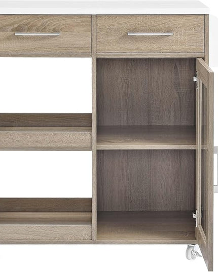 Modway Culinary Rolling Kitchen Cart with Storage in Oak White - 3 Tiers Kitchen Island on Wheels with Spice Rack, Functional as a Coffee Station, Bar Cabinet or Butcher Block Island - LeafyLoom