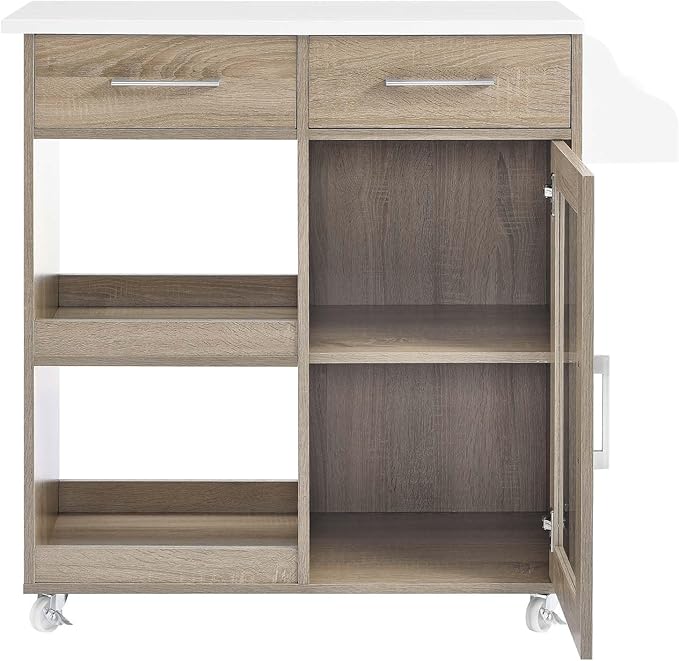 Modway Culinary Rolling Kitchen Cart with Storage in Oak White - 3 Tiers Kitchen Island on Wheels with Spice Rack, Functional as a Coffee Station, Bar Cabinet or Butcher Block Island - LeafyLoom