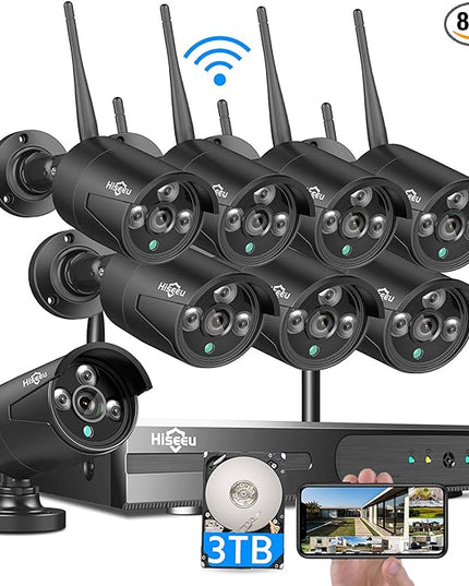 Hiseeu Black Wireless Security Camera System, 10CH 4K NVR 8Pcs Outdoor/Indoor WiFi Surveillance Camera 5MP with Night Vision, Waterproof, Motion, 1-Way Audio, Remote Access, 3TB HDD, DC12V Power Cord Hiseeu