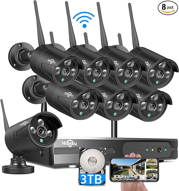Hiseeu Black Wireless Security Camera System, 10CH 4K NVR 8Pcs Outdoor/Indoor WiFi Surveillance Camera 5MP with Night Vision, Waterproof, Motion, 1-Way Audio, Remote Access, 3TB HDD, DC12V Power Cord Hiseeu