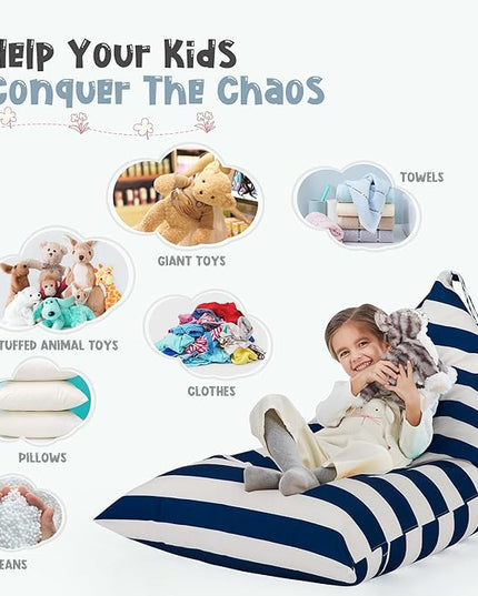 Nobildonna Stuffed Animal Storage Bean Bag for Kids (No Filler), Extra Large 250L Bean Bag Chair Cover Only, Washable Beanbag Without Filling Soft Premium Canvas Stuffable Bean Bag Cover (Blue/White) - LeafyLoom