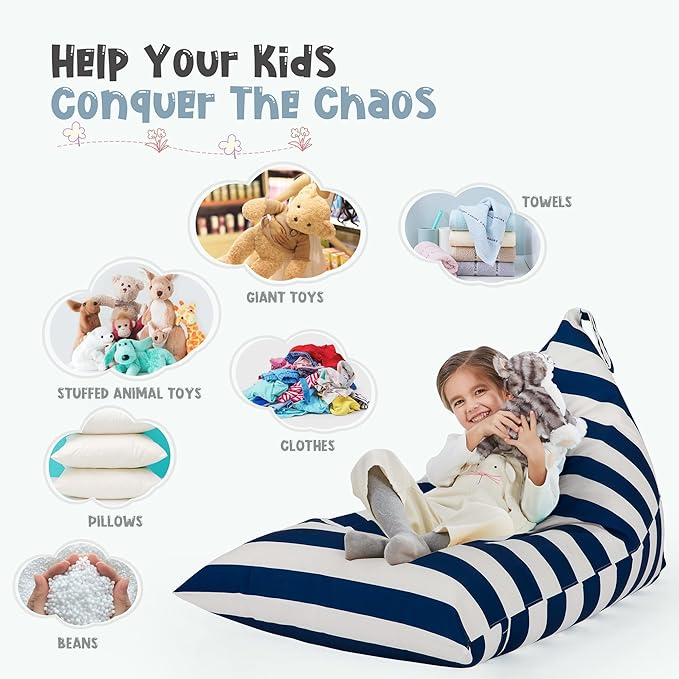 Nobildonna Stuffed Animal Storage Bean Bag for Kids (No Filler), Extra Large 250L Bean Bag Chair Cover Only, Washable Beanbag Without Filling Soft Premium Canvas Stuffable Bean Bag Cover (Blue/White) - LeafyLoom