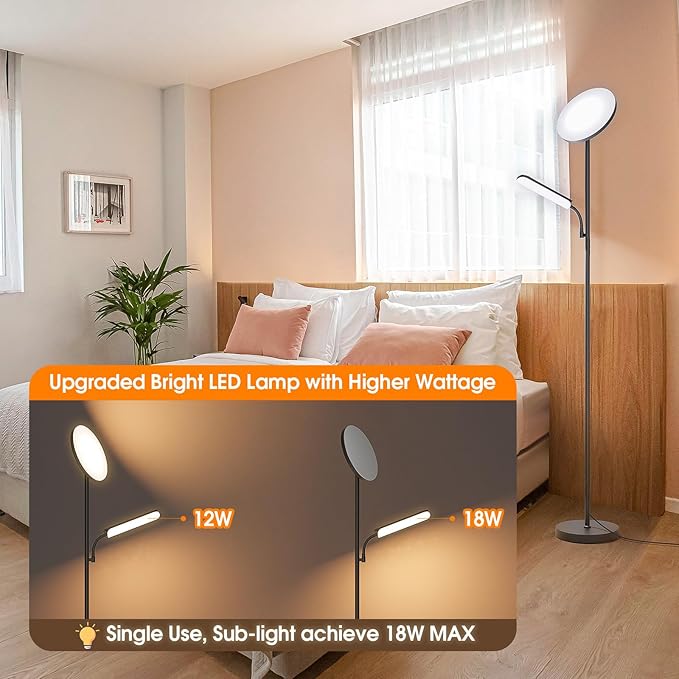 LED Floor Lamp, 48W 4000LM Super Bright Torchiere Floor Lamp with Adjustable Reading Light, Dimmable Standing Lamp with Remote & Touch Control - LeafyLoom