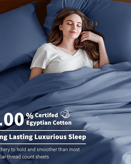 Shilucheng 100% Cotton King Size Sheets Set - 600 Thread Count，Luxury Egyptian Cotton Bed Sheets，5-Star Hotel Quality Sheets, Breathable & Cooling, 16 Inch Deep Pocket - 4 Piece (Navy Blue, King) - LeafyLoom