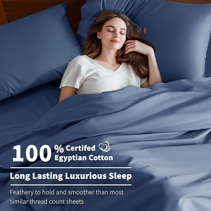 Shilucheng 100% Cotton Queen Size Sheets Set - 600 Thread Count，Luxury Egyptian Cotton Bed Sheets，5-Star Hotel Quality Sheets, Breathable & Cooling, 16 Inch Deep Pocket - 4 Piece (Navy Blue, Queen) - LeafyLoom