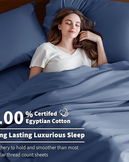 Shilucheng 100% Cotton Sheets Set - 600 Thread Count，Luxury Egyptian Cotton Bed Sheets，5-Star Hotel Quality Sheets, Breathable & Cooling, 16 Inch Deep Pocket - 4 Piece (Navy Blue, Full) - LeafyLoom