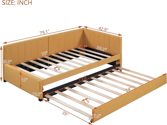 Merax Twin Size Daybed with Trundle, Linen Upholstered Sofa, Solid Wood Slats Support Wooden Day Bed Frame for Living Room, Apartment, Small Spaces, No Box Spring Needed, Yellow - LeafyLoom