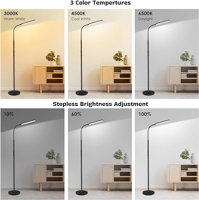 Dimunt LED Floor Lamp, Bright 15W Floor Lamps for Living Room with 1H Timer, Stepless Adjustable 3000K-6000K Colors & Brightness Standing Lamp with Remote & Touch Control Reading Floor Lamps - LeafyLoom