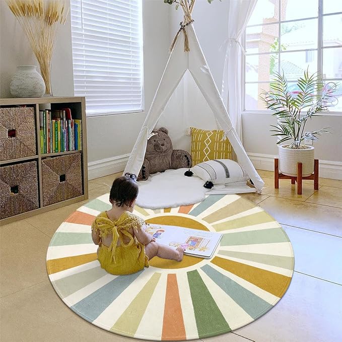 Boho Washable Rug 5 Ft Round Area Rug for Bedroom, Rainbow Circle Kids Rug for Office, Non-Slip Circluar Carpet Soft Sunshine Rug for Dorm Nursery Sofa Living Room Corner - LeafyLoom