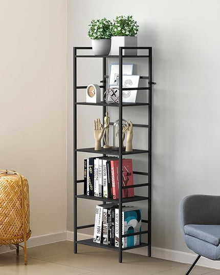 CADUKE Black Tall Bookcase 5 Tier Book Shelf for Bedroom Industrial Bookshelf with Storage Book Shelves for Kids Room Standing Office Bookshelves and Bookcases for Bedroom Living Room - LeafyLoom