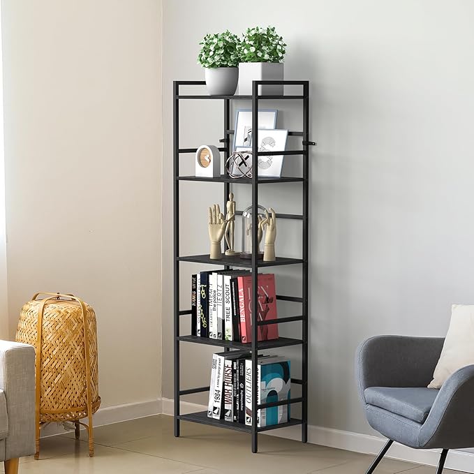 CADUKE Black Tall Bookcase 5 Tier Book Shelf for Bedroom Industrial Bookshelf with Storage Book Shelves for Kids Room Standing Office Bookshelves and Bookcases for Bedroom Living Room - LeafyLoom