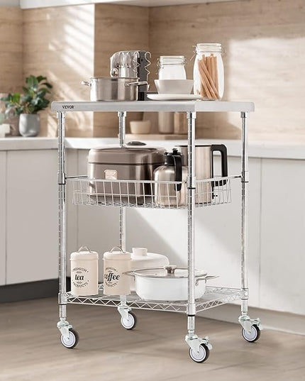 VEVOR Kitchen Utility Cart, 36.6"x20"x24" 3 Tiers Wire Rolling Cart, 470LBS Capacity Steel Service Cart with Brake Wheels, Storage Trolley with 76mm Basket PP Liner 6 Hooks, for Indoor & Outdoor Use - LeafyLoom