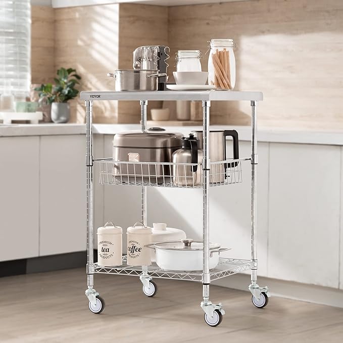 VEVOR Kitchen Utility Cart, 36.6"x20"x24" 3 Tiers Wire Rolling Cart, 470LBS Capacity Steel Service Cart with Brake Wheels, Storage Trolley with 76mm Basket PP Liner 6 Hooks, for Indoor & Outdoor Use - LeafyLoom