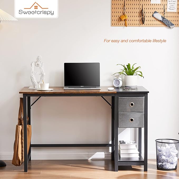 Sweetcrispy Computer Desk 40 Inch Home Office Writing Work PC Table Study Gaming 2-Tier Drawers Storage Shelf Side Headphone Hook, Modern Simple Style Small for Bedroom, Black Wood - LeafyLoom