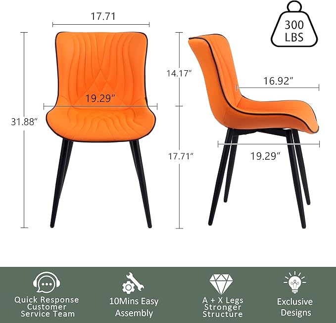 YOUTASTE Dining Chairs Set of 2 Upholstered Mid Century Modern Kitchen Dining Room Chairs Armless Faux Leather Accent Chairs Metal Vanity Lounge Chair with Back for Living Room Bedrooms,Orange - LeafyLoom