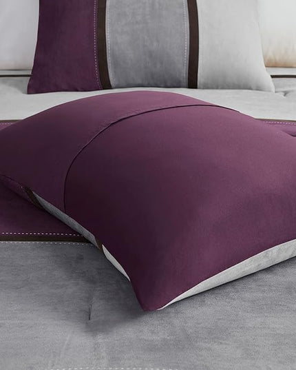 Madison Park Palisades Comforter Set Modern Faux Suede Pieced Stripe Design, All Season Down Alternative Cozy Bedding with Matching Shams, Decorative Pillows, King(104"x92"), Purple 7 Piece - LeafyLoom