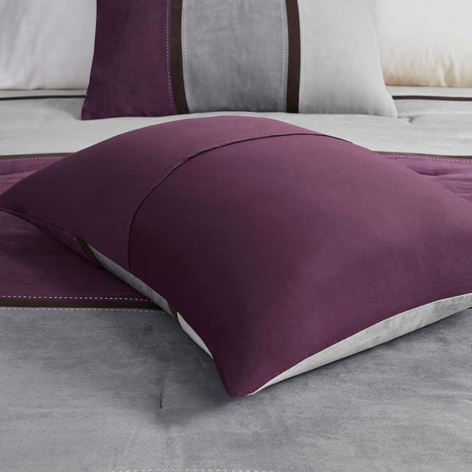 Madison Park Palisades Comforter Set Modern Faux Suede Pieced Stripe Design, All Season Down Alternative Cozy Bedding with Matching Shams, Decorative Pillows, King(104"x92"), Purple 7 Piece - LeafyLoom