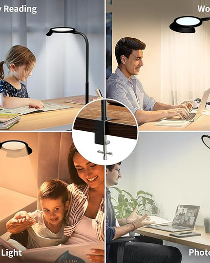 QINER LED Desk Lamp, Eye Protection Desk Light with Sunshade Touch Control Table Lamp Gooseneck Task Lamp 25 Lighting Effect Modes Clamp Lamp for Office Workbench Drafting Live Streaming - LeafyLoom