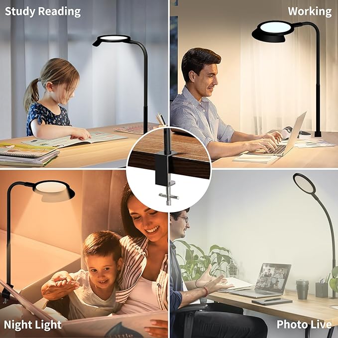 QINER LED Desk Lamp, Eye Protection Desk Light with Sunshade Touch Control Table Lamp Gooseneck Task Lamp 25 Lighting Effect Modes Clamp Lamp for Office Workbench Drafting Live Streaming - LeafyLoom