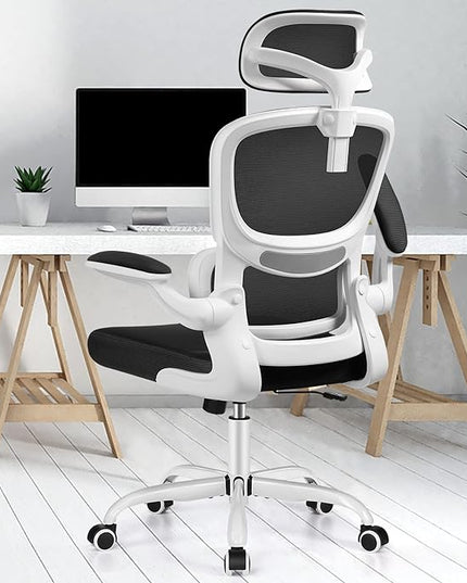 Office Desk Chair, Ergonomic High Back Mesh Office Chair with Lumbar Support and Adjustable Headrest, Swivel Computer Task Chair with Flip-up Arms, Executive Chairs for Home and Work (White) - LeafyLoom