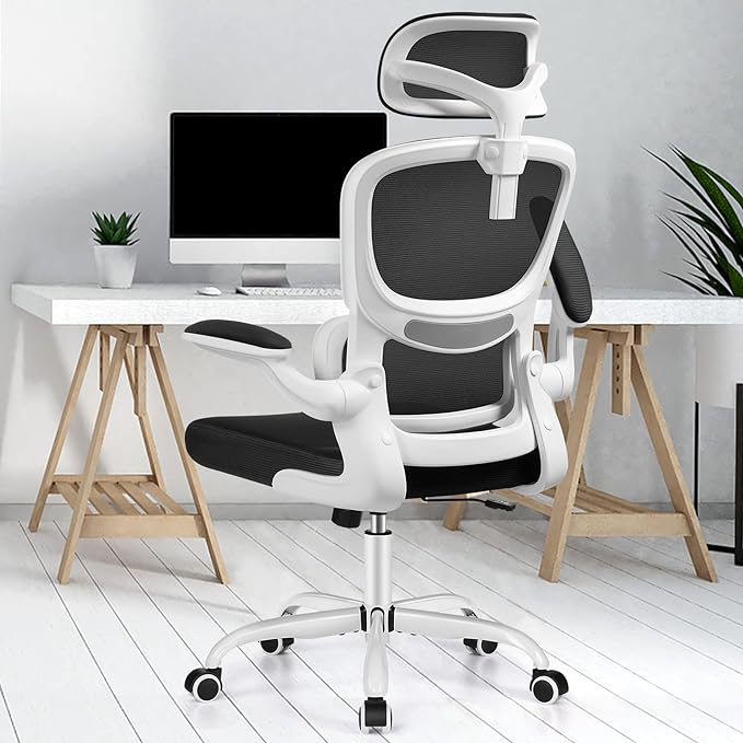 Office Desk Chair, Ergonomic High Back Mesh Office Chair with Lumbar Support and Adjustable Headrest, Swivel Computer Task Chair with Flip-up Arms, Executive Chairs for Home and Work (White) - LeafyLoom
