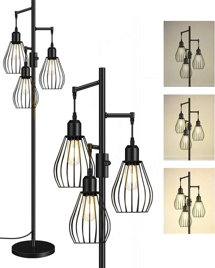 Farmhouse Dimmable Floor Lamp, Industrial Tall Standing Tree Lamp with 3 Elegant Teardrop Cage Heads, 4W 3 LED Bulbs Included, Rustic Standing Lamp for Living Room, Bedroom, Black B01LD05 - LeafyLoom