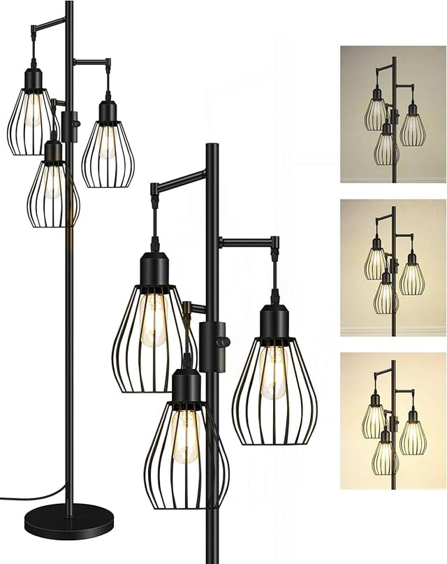 Farmhouse Dimmable Floor Lamp, Industrial Tall Standing Tree Lamp with 3 Elegant Teardrop Cage Heads, 4W 3 LED Bulbs Included, Rustic Standing Lamp for Living Room, Bedroom, Black B01LD05 - LeafyLoom