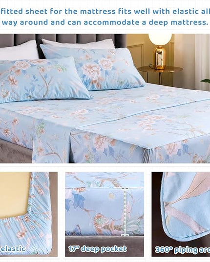 QSH 100% Egyptian Cotton Cal King Sheets, Blue Bird Plant Pattern Botanical Luxury Cotton Printed Flower California King Bedding Sheets, 4pcs Deep Pocket California King Floral Bed Sheet Set - LeafyLoom